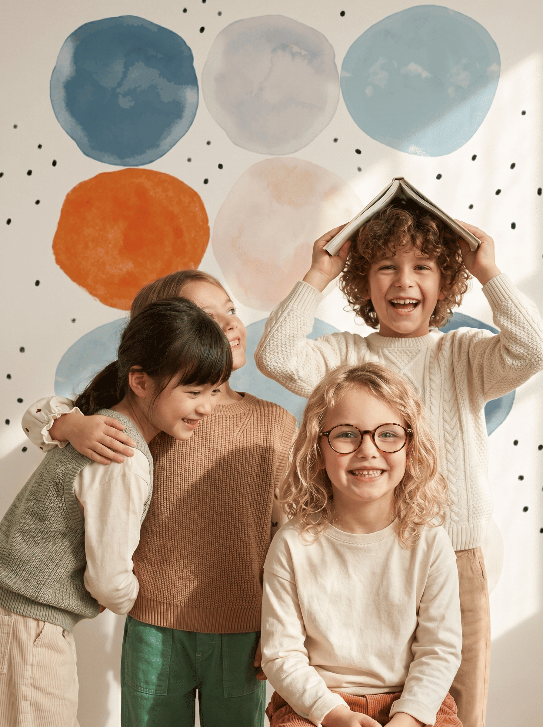 Vier lachende Kinder stehen vor bunter Wand, eines hält ein Buch auf dem Kopf.