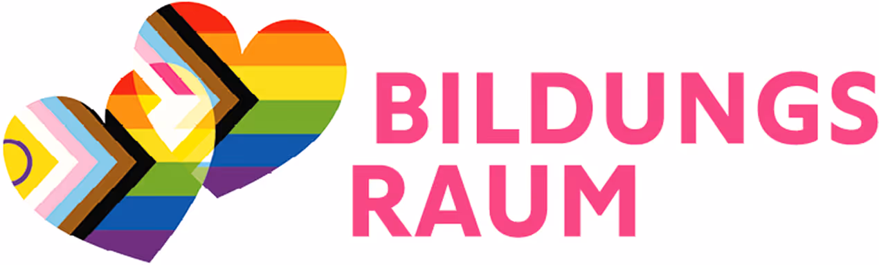 Die Pride Variante des Bildungsraum Logos. Mit zwei sich überlagernden Herzen mit integrierter Pride Flagge anstatt den Sprechblasen