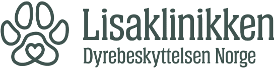 Logo of Lisaklinikken featuring a paw print with a heart shape, accompanied by the text Lisaklinikken Dyrebeskyttelsen Norge.