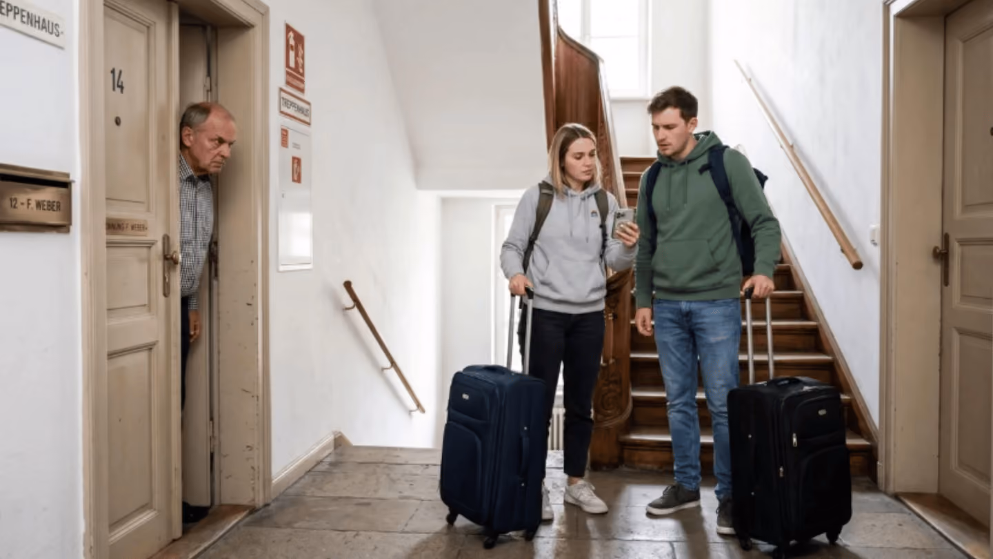 Ein reisendes Personenpaar mit Koffern wird auf dem Hausflur von einem unzufriedenen Bewohner angesehen
