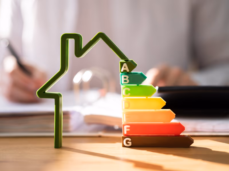 Modell-Haus mit der Energieeffizienz-Skala