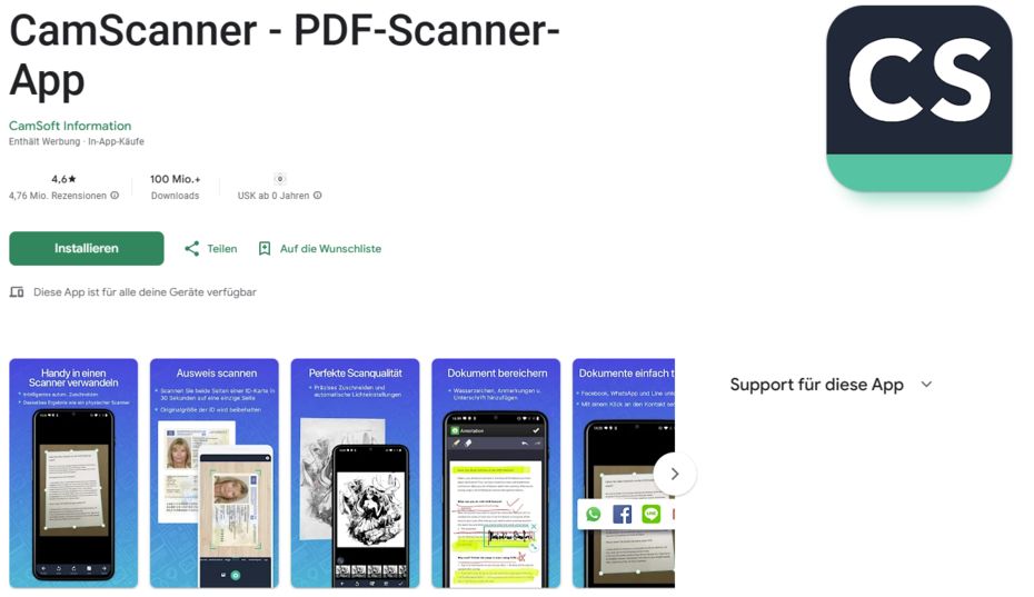 Empfehlung Camscanner Upload Unterlagen für simplr