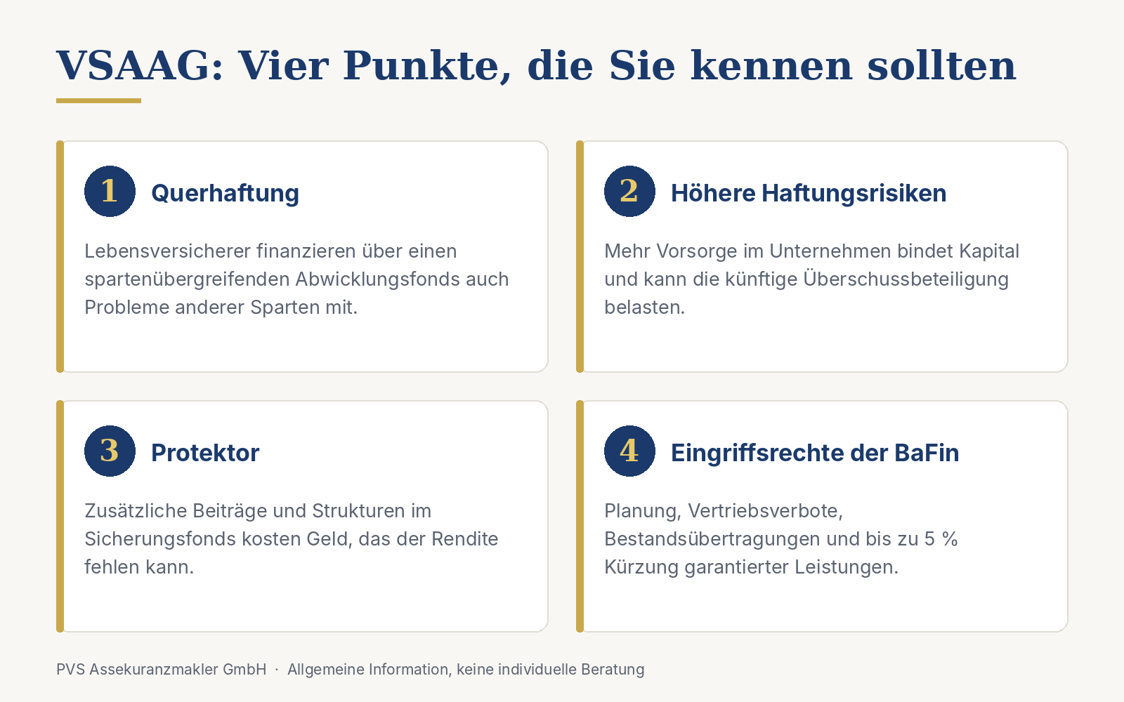 Grafik mit den vier VSAAG-Kritikpunkten: Querhaftung, höhere Haftungsrisiken, Protektor und Eingriffsrechte der BaFin