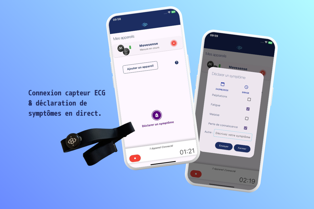 Deux téléphones montrent une app ECG avec connexion Movesense et déclaration directe de symptômes.