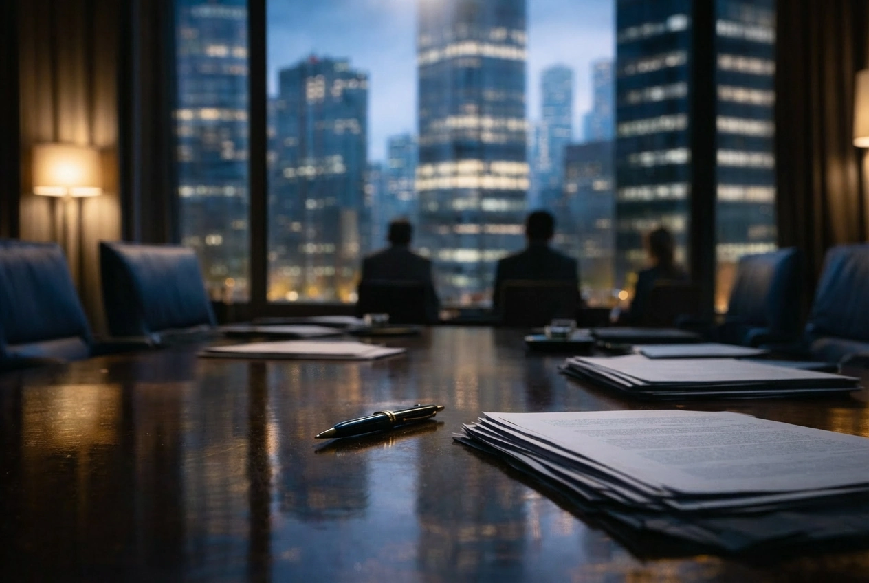 boardroom with documents overlooking city towers at dusk