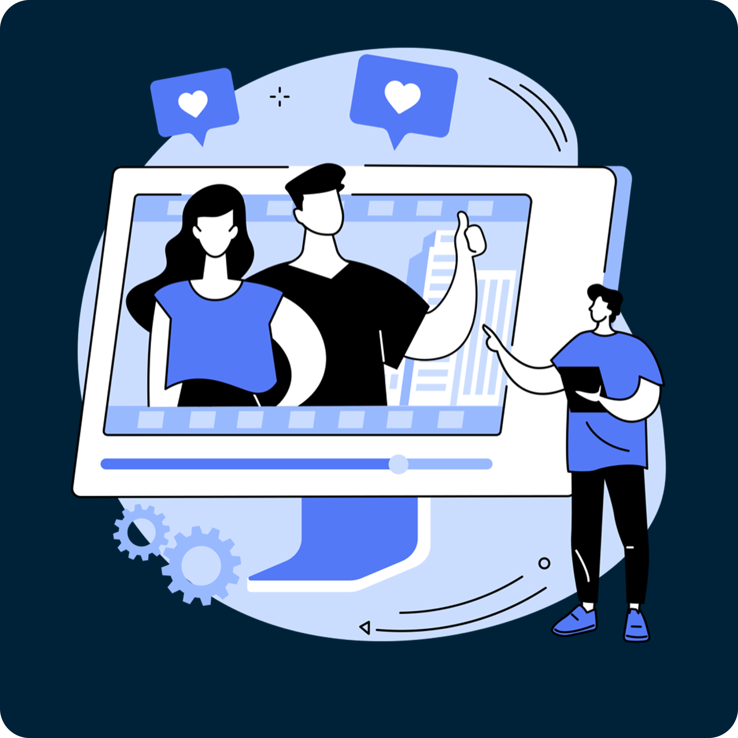 une illustration avec 2 personnes dans un ordinateur, 2 likes au dessus et une personne qui montre l'écran d'ordinateur
