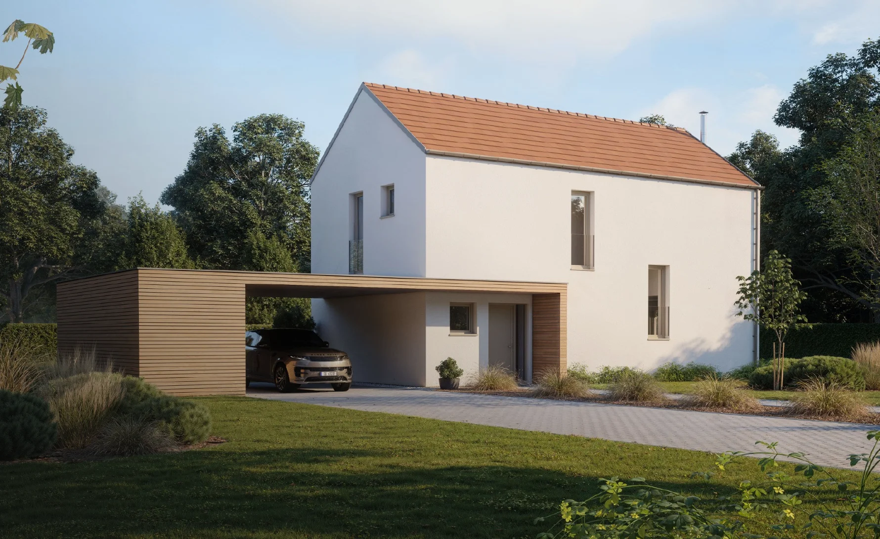 Přední pohled domu Nordic s autem pod dřevěnou venkovní garáží