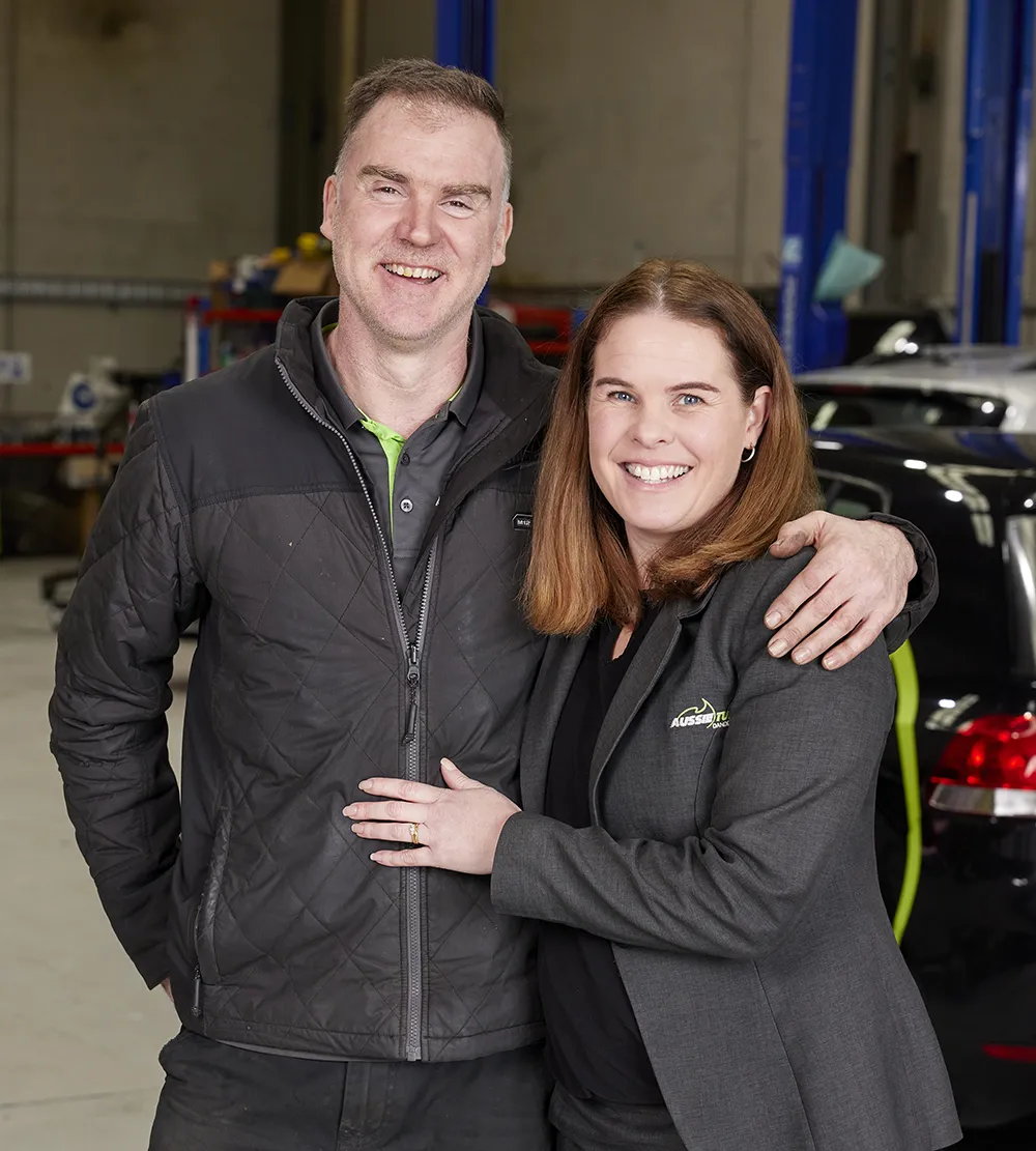 Aussie Tune owners Nigel and Rachel at the workshop near Danenong
