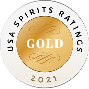 2021 USA Spirits Ratings gold medal emblem with decorative swirls on a circular badge.