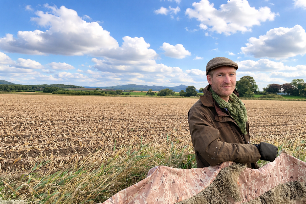 A photo of Matthew Godman Law standing in a field. He is a young man wearing a jacket and flat cap.