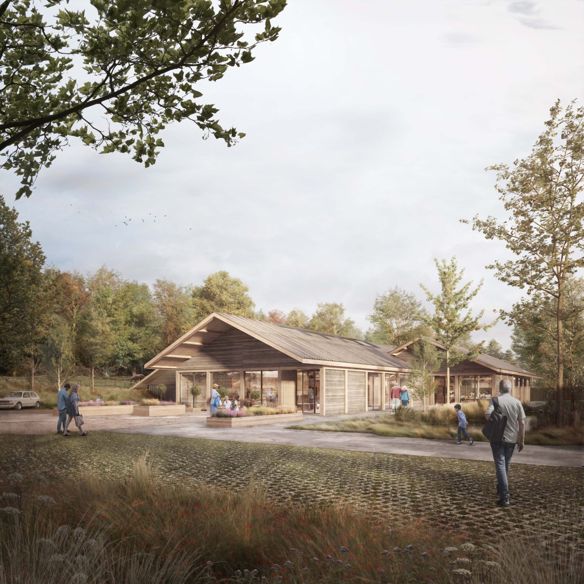 A CGI picture of a wood cladded farm shop currently being built at Ote Hall, featuring sketches of people walking around