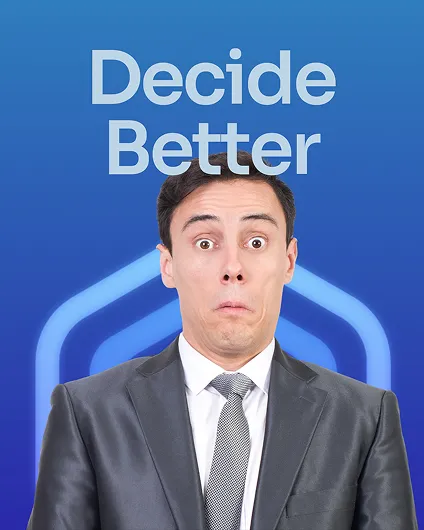 Surprised man in black suit and tie under text 'Decide Better' on a blue background.