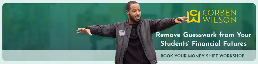 Man in black jacket gesturing with arms outstretched, Corben Wilson logo and finance workshop text on green background.