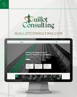 Computer screen showing Guillot Consulting website homepage with city building background and tagline.