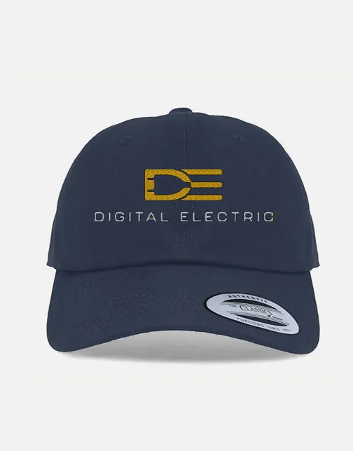Navy cap with embroidered yellow DE logo and text reading DIGITAL ELECTRIC on front.