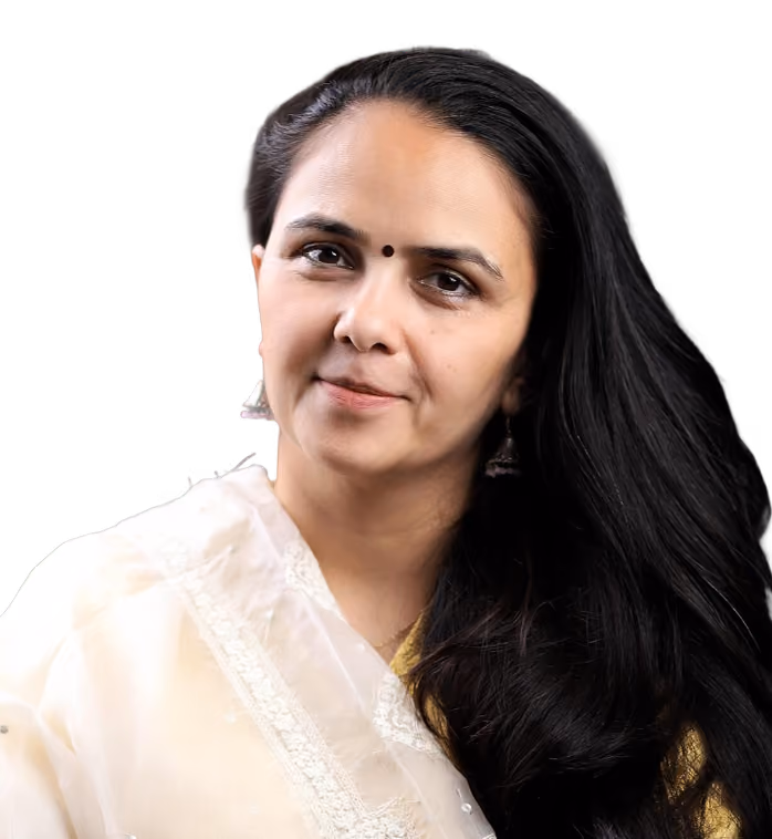 Portrait of a woman with long black hair wearing traditional white attire and silver earrings.