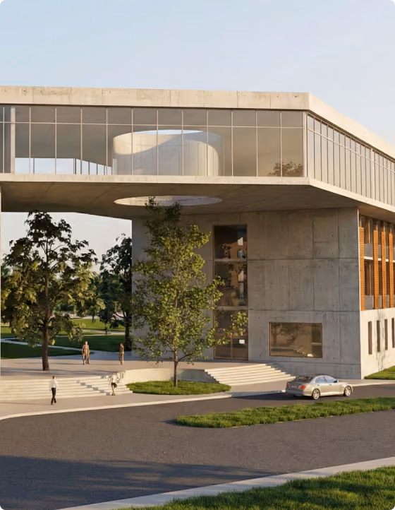 Modern concrete building with glass upper floor, trees, stairs, and a parked car in front.
