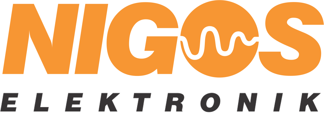 NIGOS Elektronik logo with orange bold letters and a sine wave integrated in the letter O.
