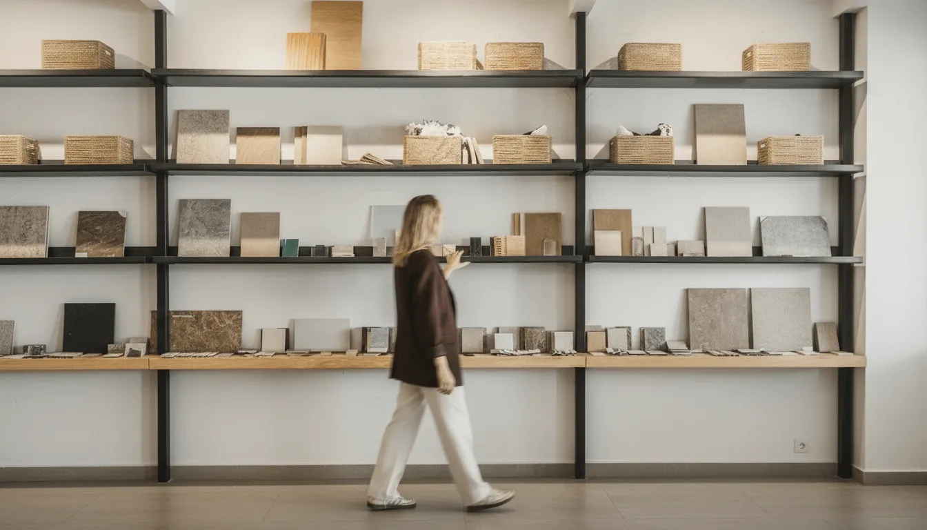Studio Moravová interior architect selecting material samples, tiles, and textures for luxury interior design and projects in Ibiza.