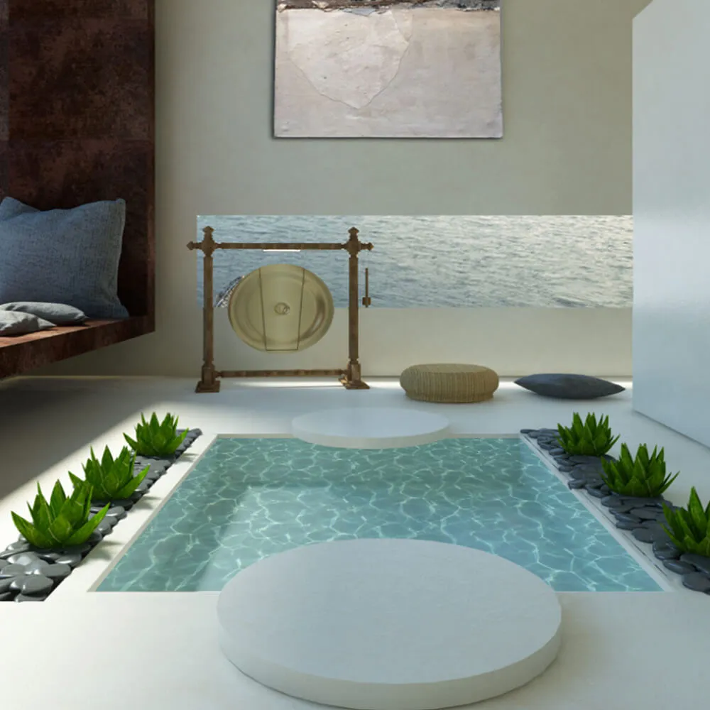 Bespoke boutique hotel design at the Esperanza creative retreat in Lanzarote, Canary Islands, by Studio Moravová, featuring a luxury indoor pool and zen interior architecture.