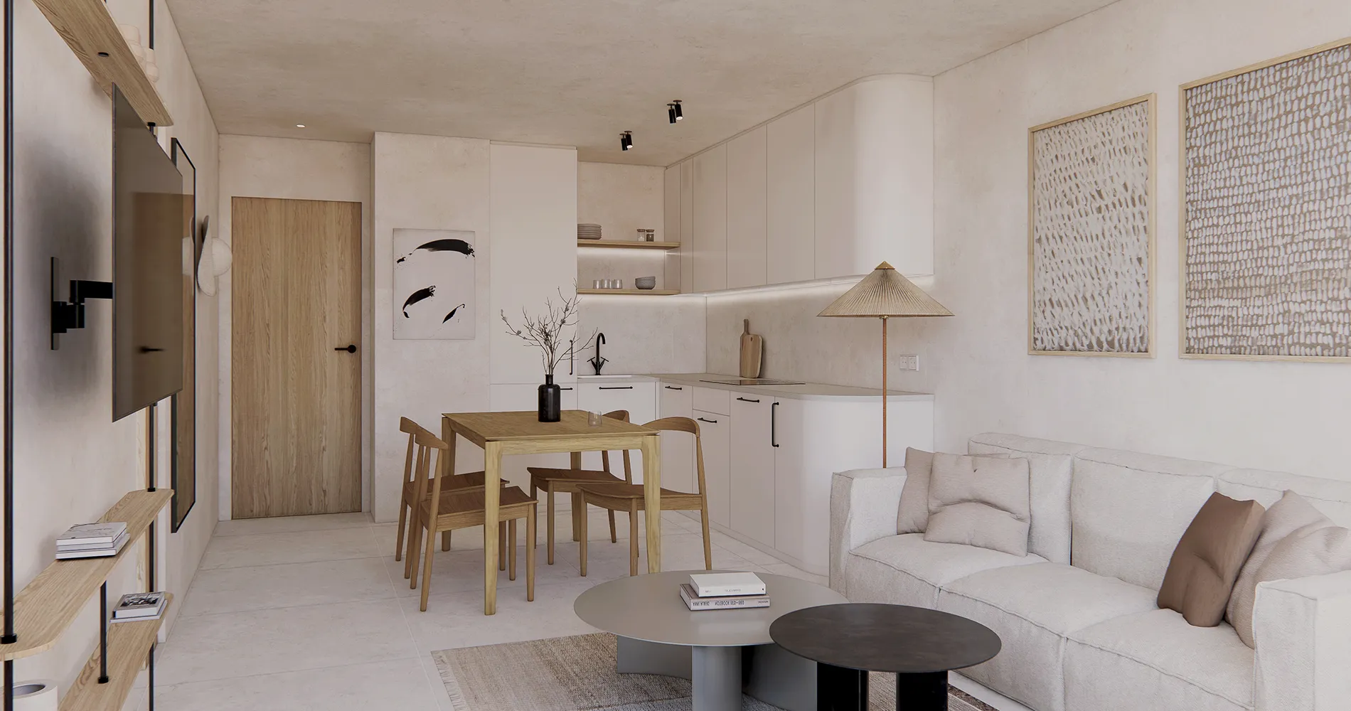 Open-plan luxury interior design at Can Lantana in Ibiza, showcasing a seamless modern white kitchen, a neutral linen sofa, and a natural wood dining space.