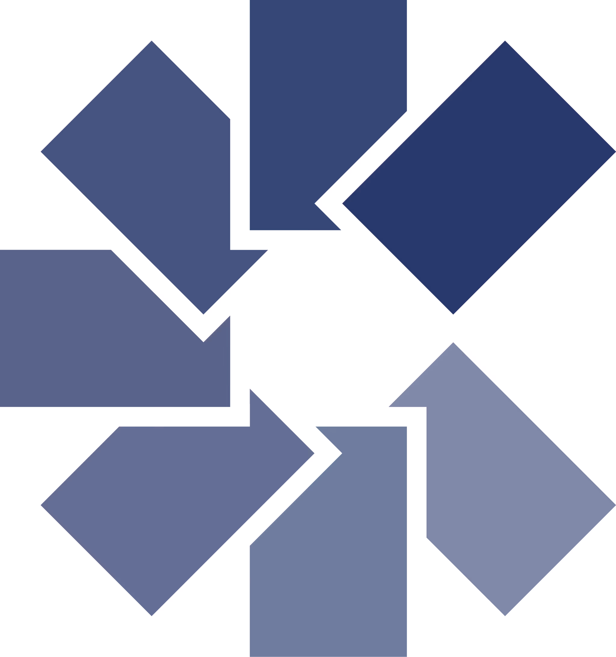 Abstract geometric design of six parallelograms arranged in a circular pattern, each pointing inward to form a star-like shape, in varying shades of blue.