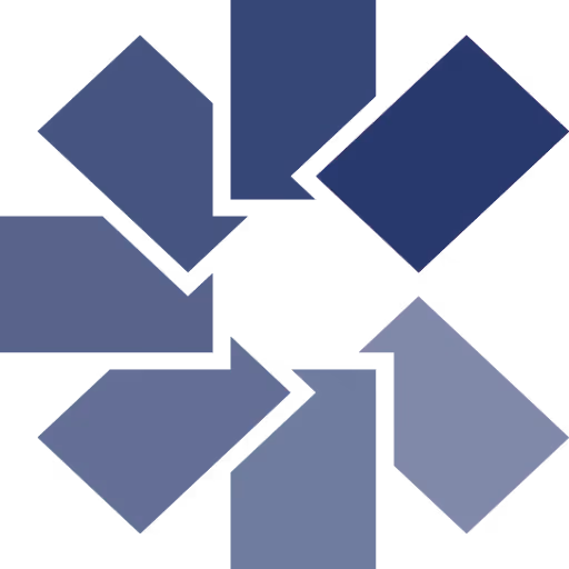 Abstract geometric design with six blue diamond shapes arranged in a circular pattern, varying in shades from dark to light.