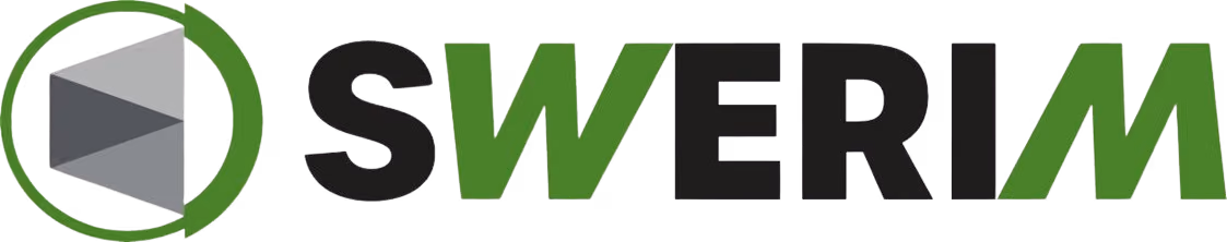 Swerim logo featuring a 3D hexagonal prism enclosed in a green circular arrow, followed by the letters S, W, E, R, I, M with W, I, and M in green and the rest in black.