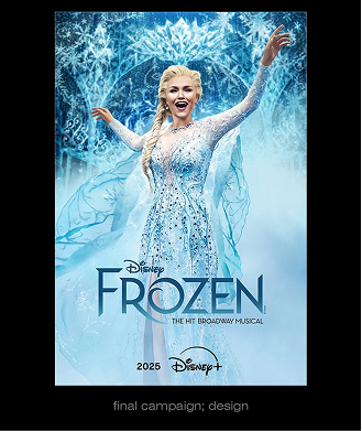 Woman in an ice-blue dress with outstretched arms behind snowflake patterns promoting Frozen musical.