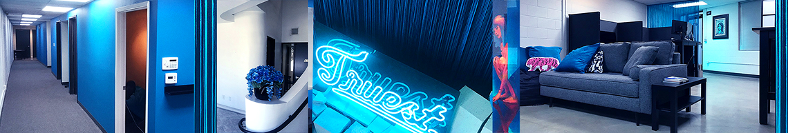 Collage showing neon Trust sign above cinder blocks, blue hallway, skateboard art, and office space with blue decor.