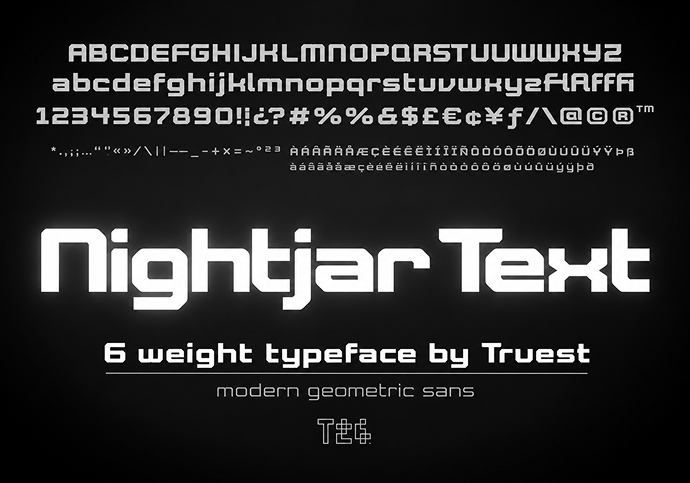 Font sample for Nightjar Text, a modern geometric sans typeface by Truest, showcasing uppercase, lowercase, numbers, symbols, accented characters, and six weights.