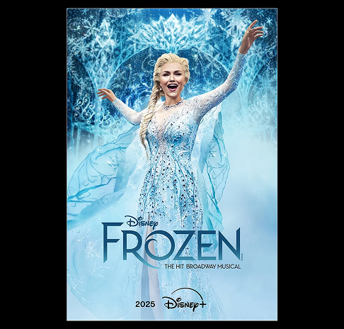 Woman in an ice-blue dress with outstretched arms behind snowflake patterns promoting Frozen musical.
