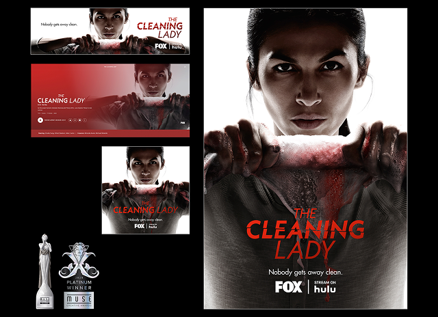 Woman holding a bloody cloth with intense expression, text: The Cleaning Lady, FOX and Hulu logos