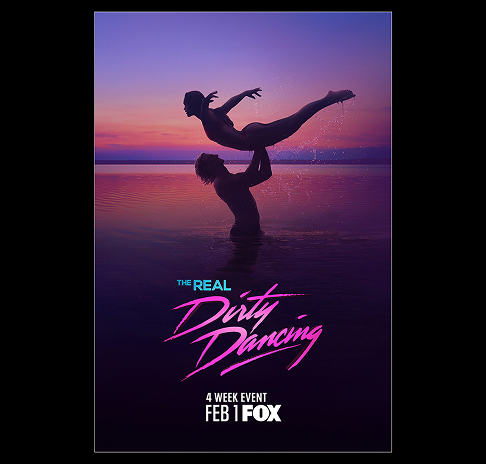 Silhouetted couple dancing with woman lifted above water at sunset with text The Real Dirty Dancing.