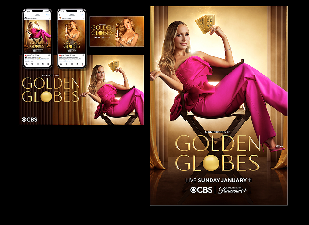 Woman in pink posing on a chair holding Golden Globes trophies for CBS event on January 11.