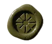 Round olive-green wax seal with an engraved six-petal flower design in the center.