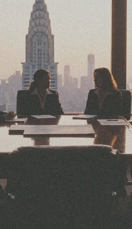 Two people in suits talking at a conference table with city skyline and Chrysler Building behind.