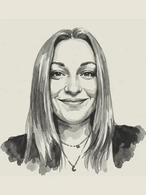 Black and white watercolor portrait of Founder Ava Jeffs backed by Daybreak