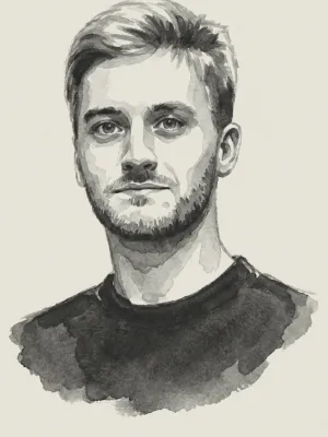 Black and white watercolor portrait of Founder Nick Fliesher backed by Daybreak