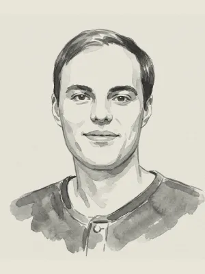 Black and white watercolor portrait of Founder Aidan Dewar backed by Daybreak
