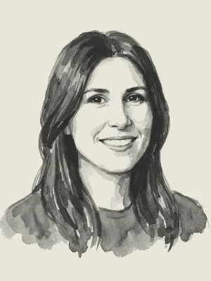 Black and white watercolor portrait of Founder Camille Horne backed by Daybreak