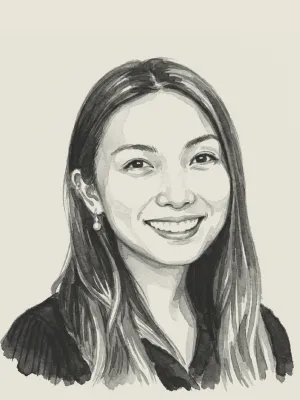 Black and white watercolor portrait of Founder Katherine Wang backed by Daybreak