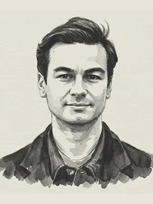 Black and white watercolor portrait of Founder Sam Kececi backed by Daybreak