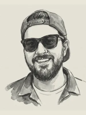 Black and white sketch of a smiling man wearing a backward cap and sunglasses.