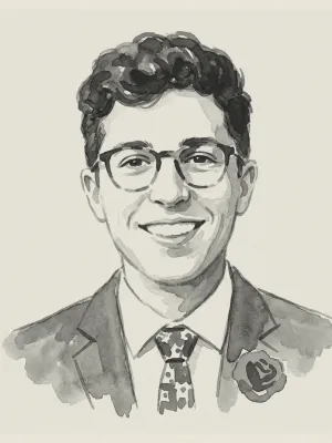 Black and white watercolor portrait of Founder Justin Silver backed by Daybreak