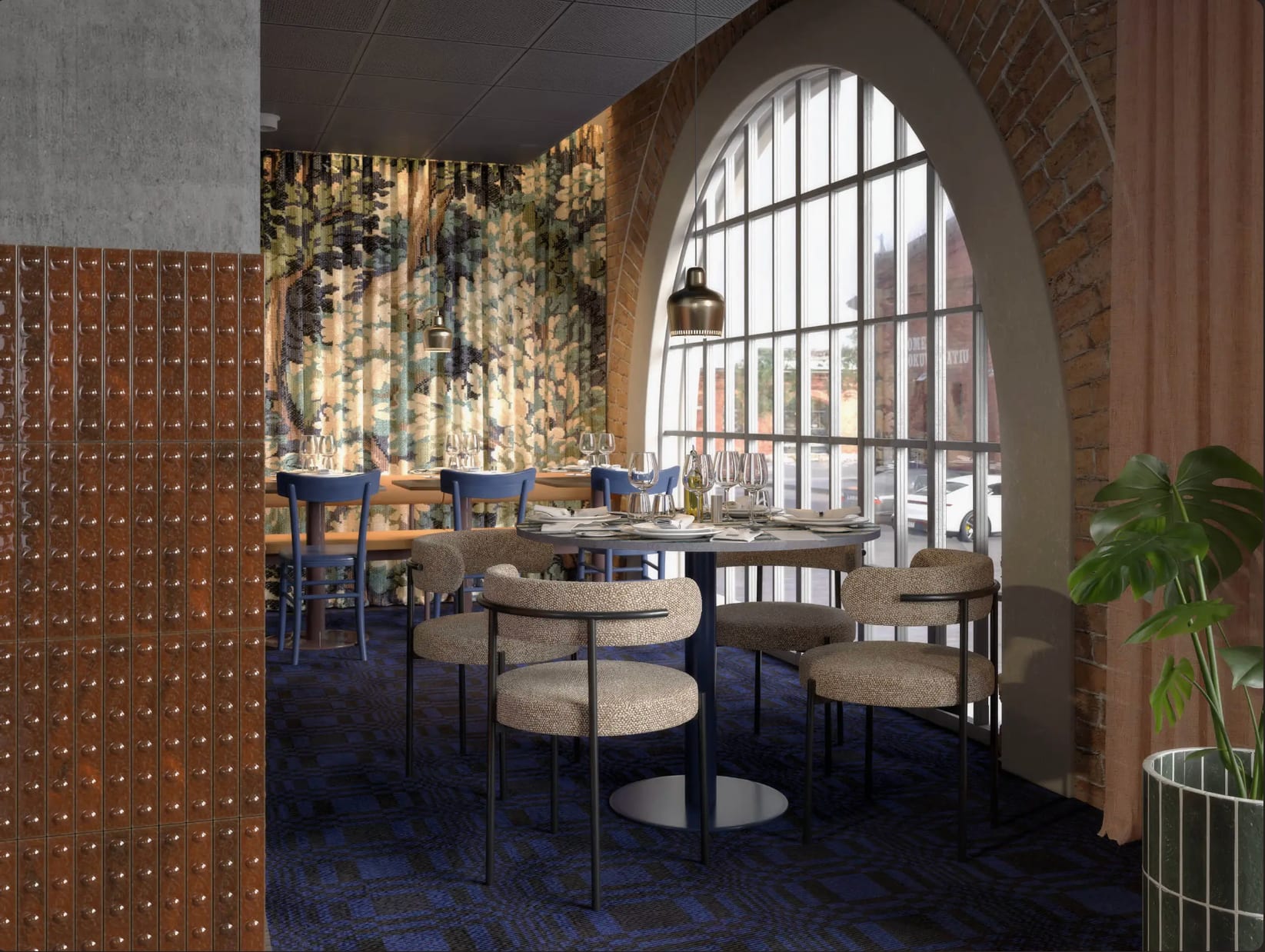 Dining area with arched waterfront windows
