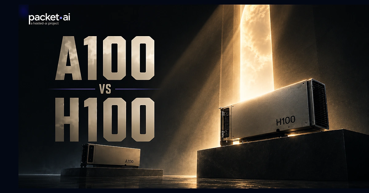 NVIDIA A100 vs H100 GPU comparison illustration showing Ampere and Hopper accelerators for AI training and inference.