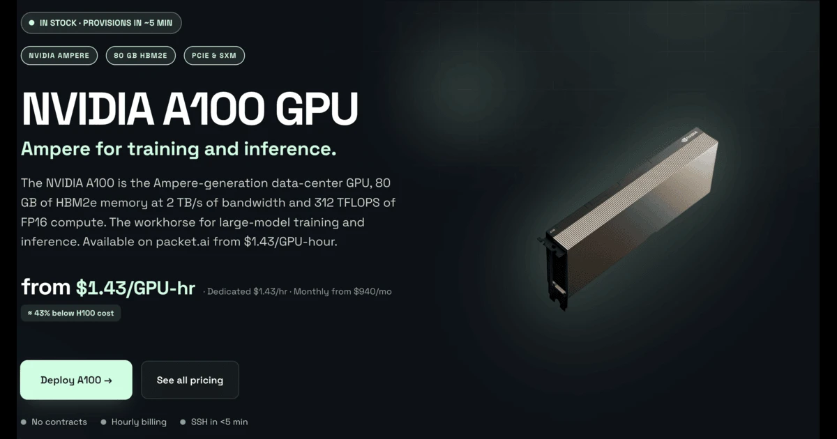 NVIDIA A100 Pricing: Rent 80GB from $1.43/hr | packet.ai