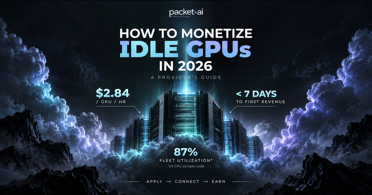 How to Monetize Idle GPUs in 2026: A Provider’s Guide, featuring a futuristic GPU server tower with $2.84 per GPU per hour, 87% fleet utilization, and under 7 days to first revenue.
