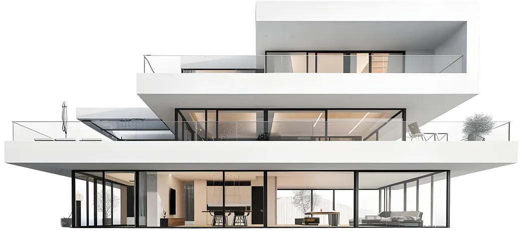 Modern multi-level white house with large glass windows, open terraces, and minimalist interior.